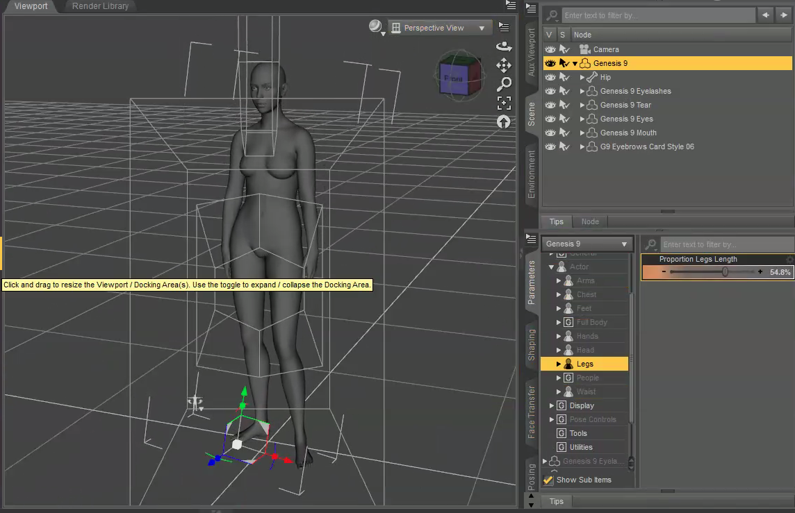 DAZ Studioで読み込んだ人物モデル（DAZ Genesis 9）の脚を伸ばす